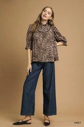 Umgee Leopard Print Ruffle Neck Blouse OutfitFlow